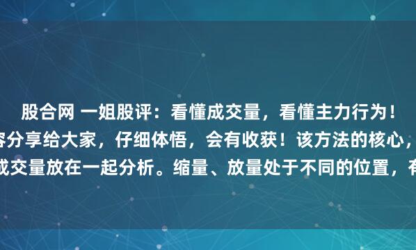 股合网 一姐股评：看懂成交量，看懂主力行为！我把“倍量”的要点内容分享给大家，仔细体悟，会有收获！该方法的核心，是把价格和成交量放在一起分析。缩量、放量处于不同的位置，有不同的含义。悟透有助于更好的把握...